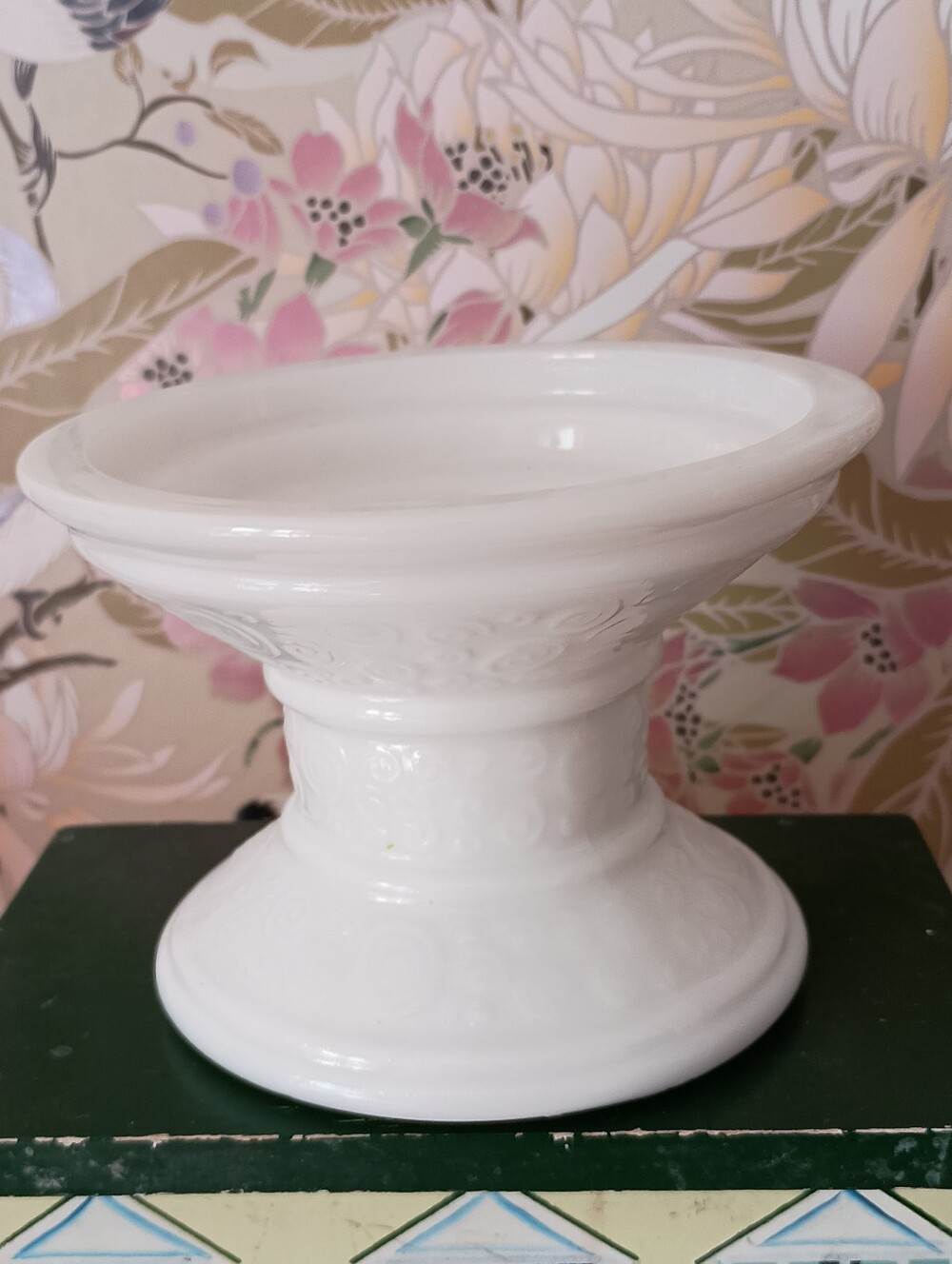 Milk Glass Pedestal Candle Holder With Swirl Design